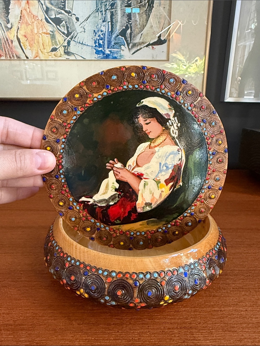 vintage Romanian hand-painted wooden trinket box